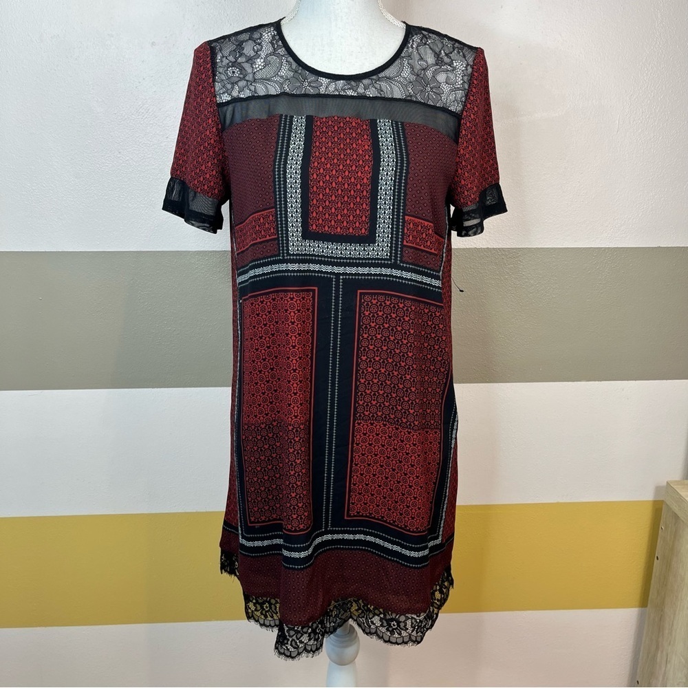 2/$25 Express Red Floral Lace Contemporary Business Short Sleeve Slip Dress S - Picture 7 of 16